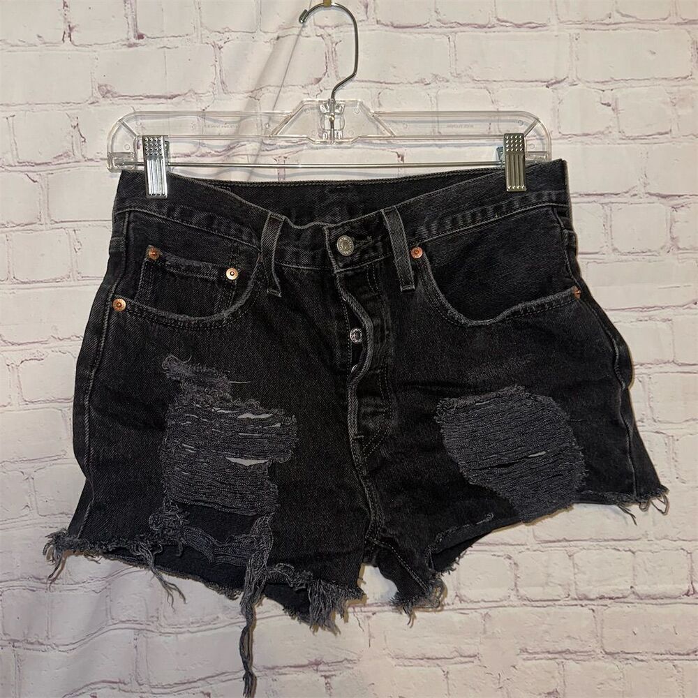 Levi's Women's 501 Distressed Denim Shorts Black Size 28 Biker Style